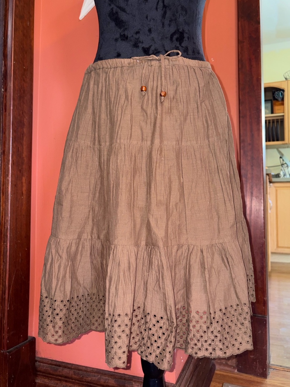 Brown Tiered Eyelet Hem Skirt